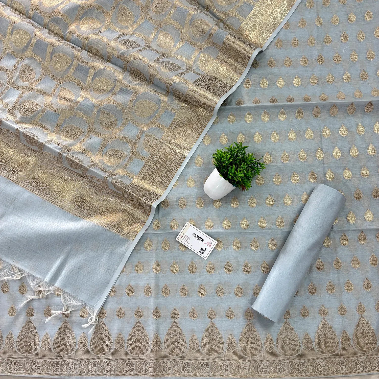 Firozi Golden Zari Resham Silk Banarasi Suit