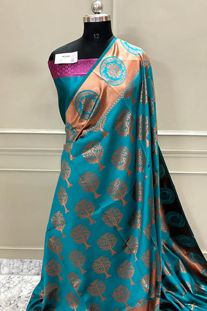 Firozi Resham Zari Silk Banarasi Saree