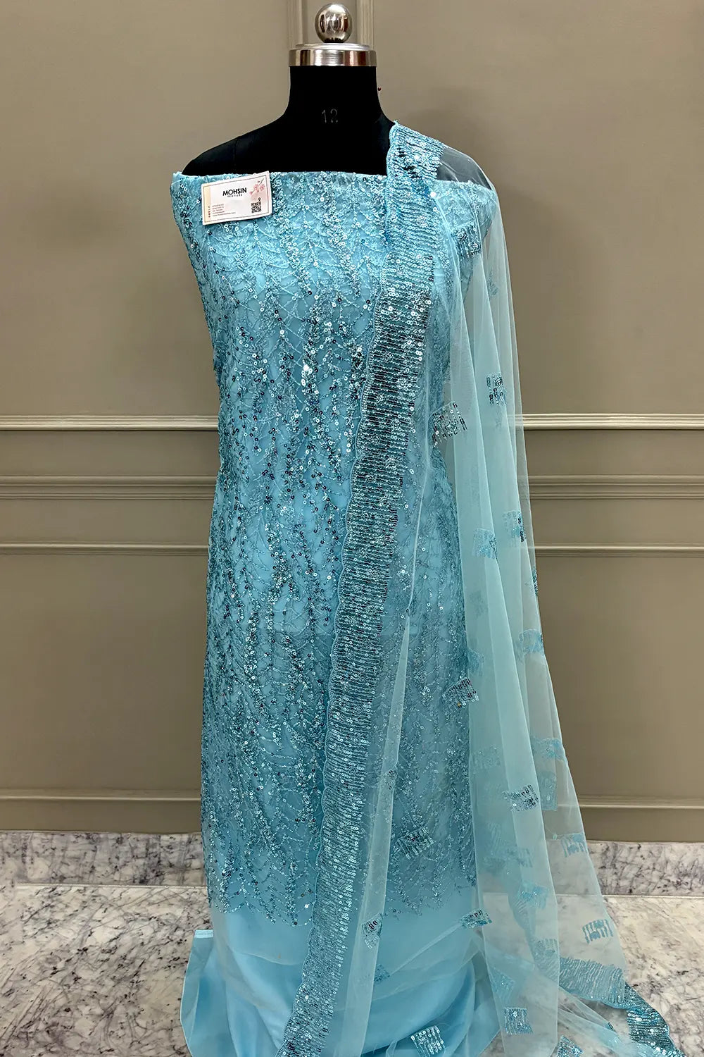 Firozi Sequence Embroidery Net Salwar Suit