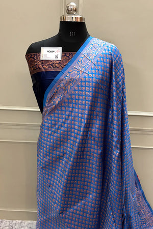 Firozi and Navy Blue Silky Banarasi Saree