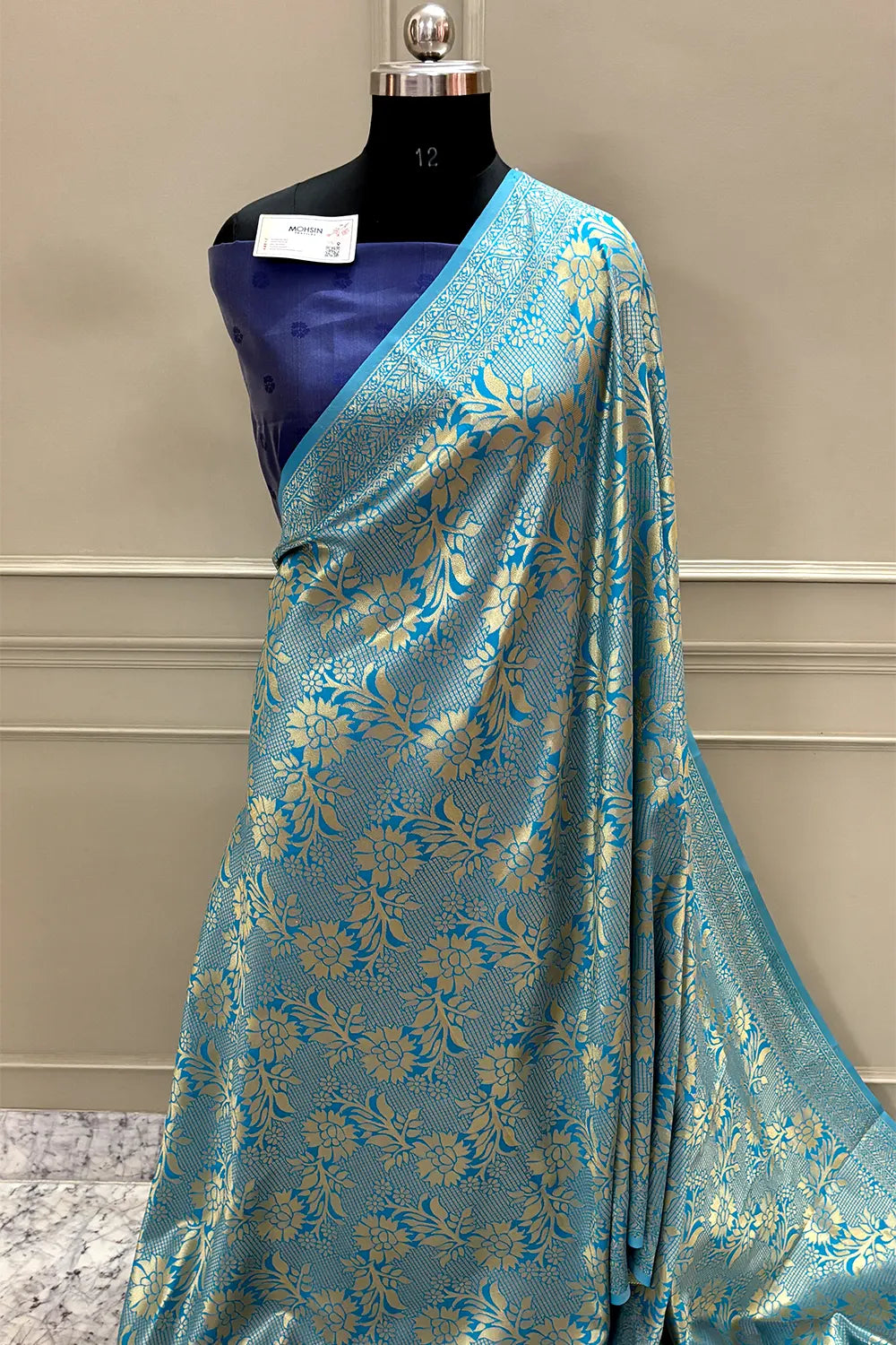 Firozi and Navy Golden Zari Banarasi Silk Saree