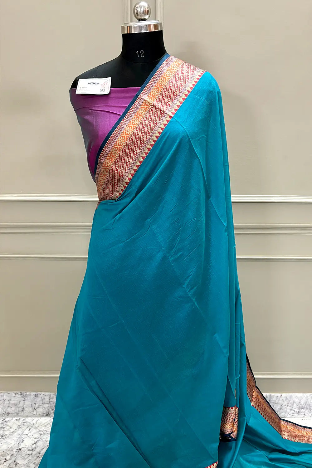 Firozi and Pink Cotton Silk Banarasi Saree