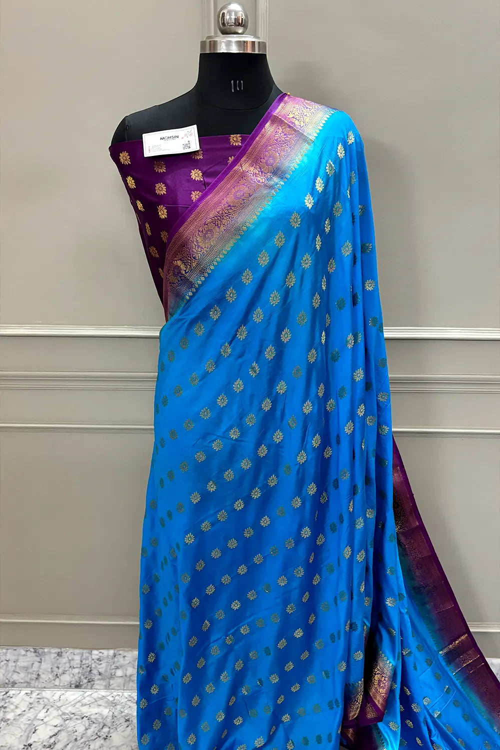Firozi and Purple Golden Zari Silky Banarasi Saree