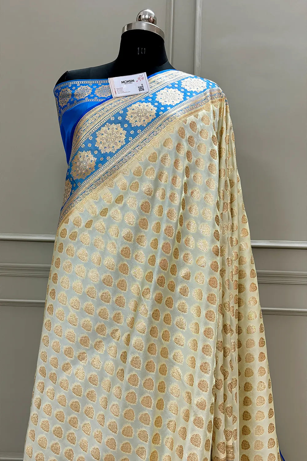 Firozi and White Golden Zari Katan Silk Banarasi Saree