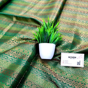 Green Golden Zari Satin Silk Banarasi Fabric