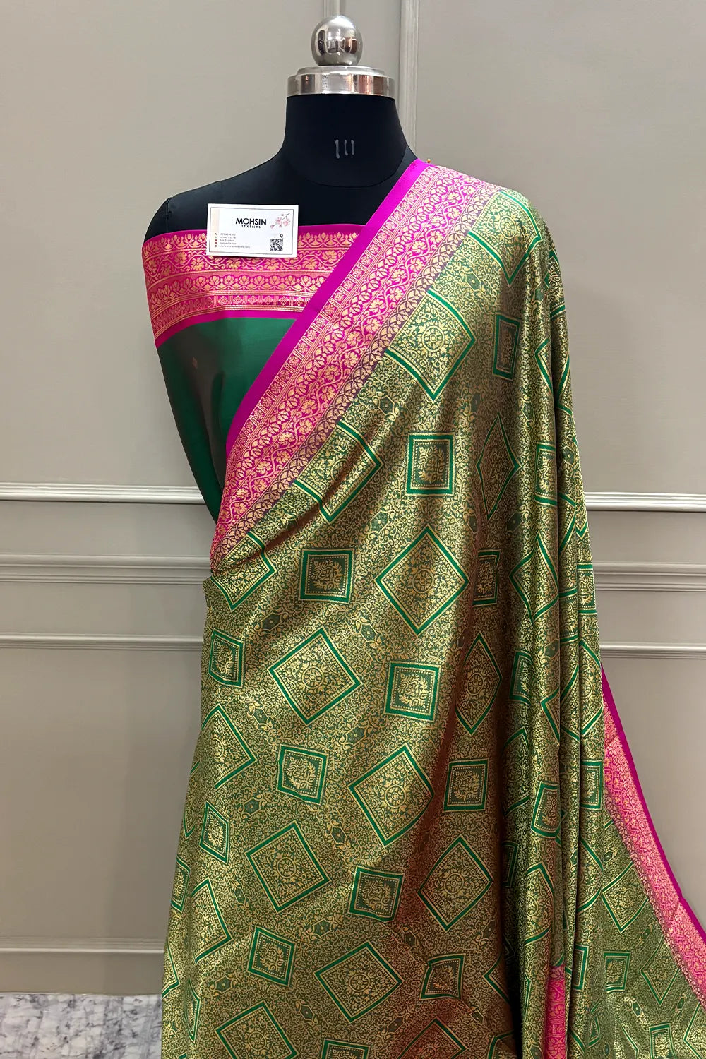 Green and Pink Resham Zari Silky Banarasi Saree
