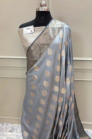 Grey Golden Zari Cotton Silk Banarasi Saree