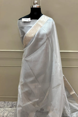 Grey Golden Zari Tissue Silk Banarasi Saree