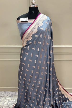 Grey Kanak Buti Katan Silk Banarasi Saree