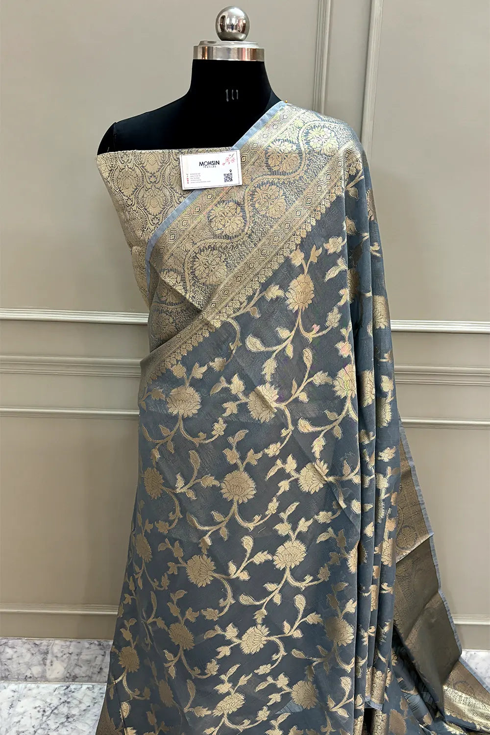 Grey Lotus Jaal Chanderi Silk Banarasi Saree