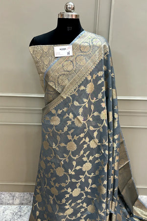 Grey Lotus Jaal Chanderi Silk Banarasi Saree