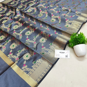 Grey Meenakari Satin Silk Banarasi Dupatta