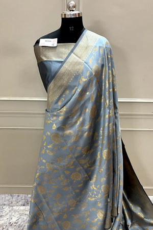Grey Resham Zari Silk Banarasi Saree