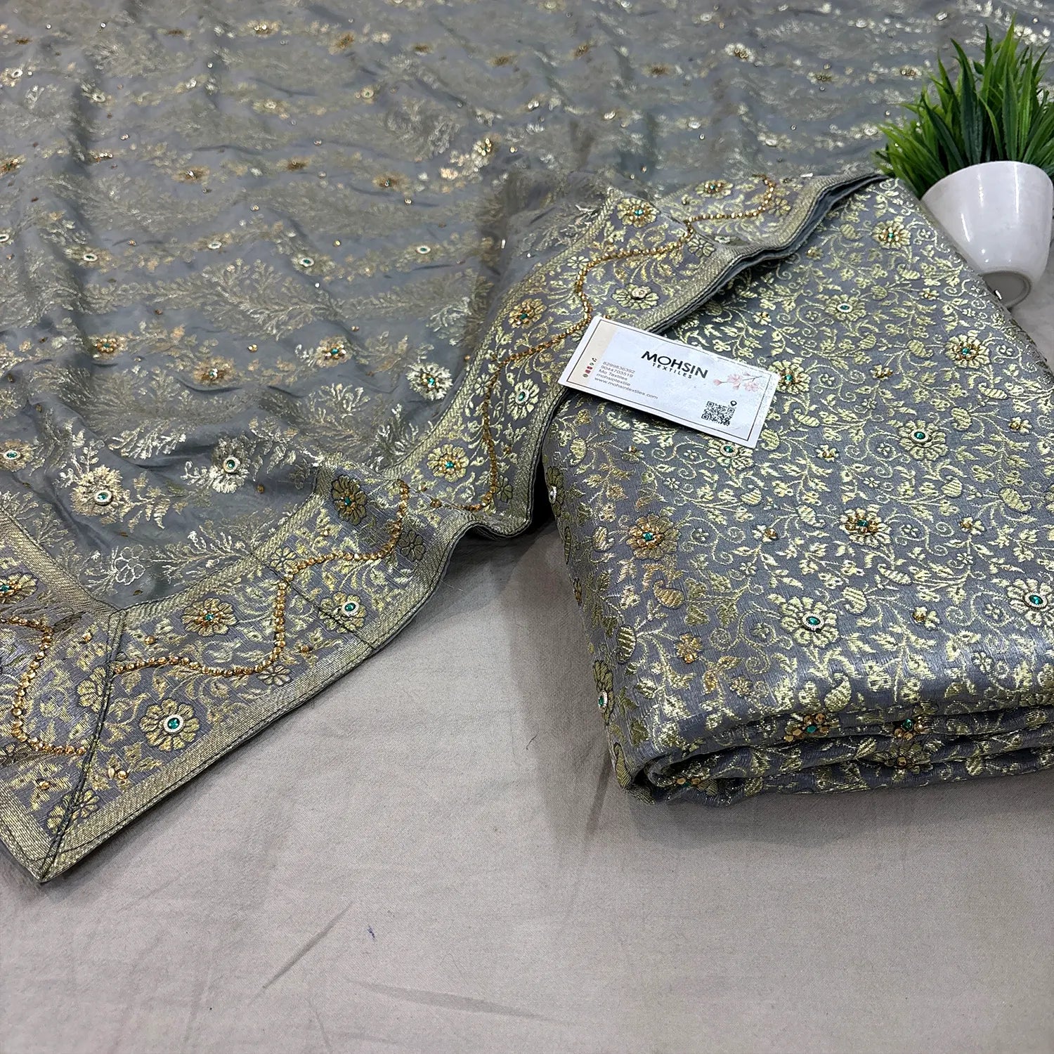 Grey Stone Work Kimkhab Silk Banarasi Gharara