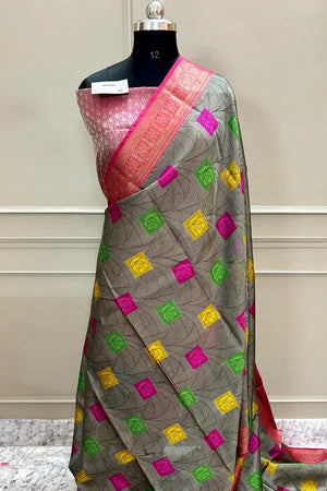 Grey and Pink Chanderi Silk Banarasi Saree