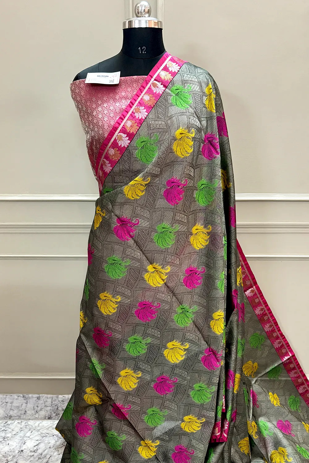 Grey and Pink Chanderi Silk Banarasi Saree