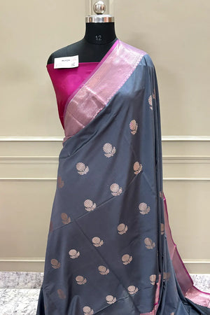 Grey and Pink Golden Zari Banarasi Silk Saree