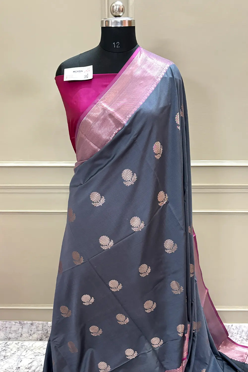 Grey and Pink Golden Zari Banarasi Silk Saree