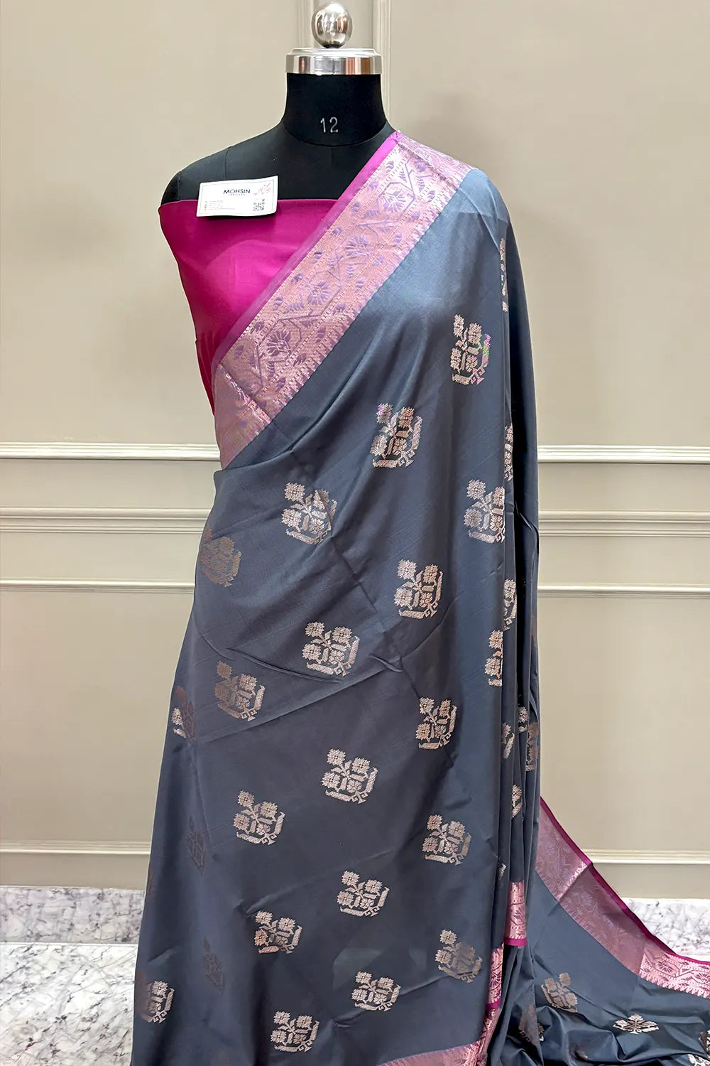 Grey and Pink Golden Zari Banarasi Silk Saree