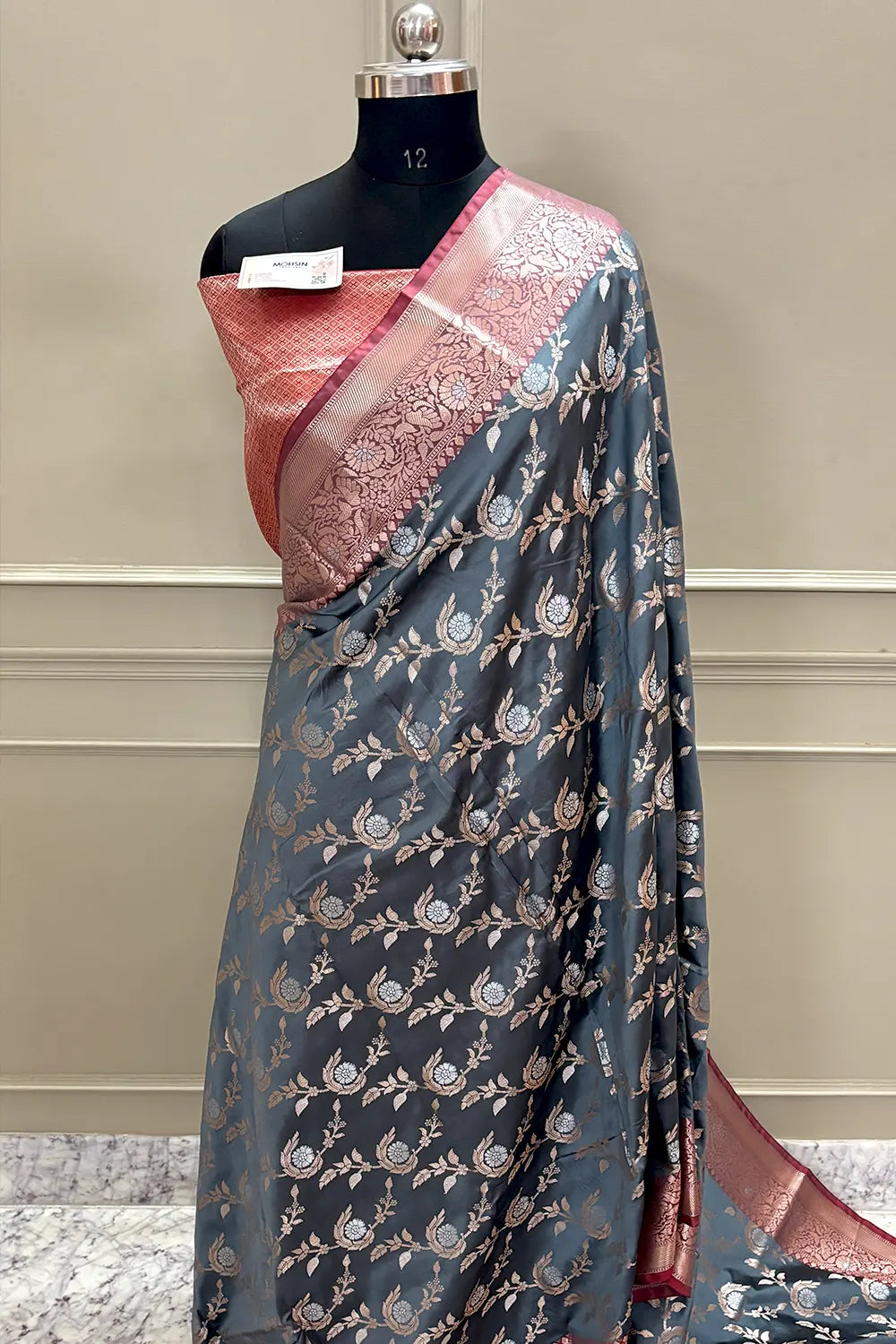 Grey and Red Golden Zari Banarasi Silk Saree