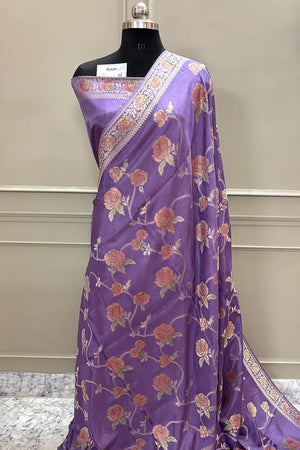 Lavender Rosy Jaal Georgette Silk Banarasi Saree