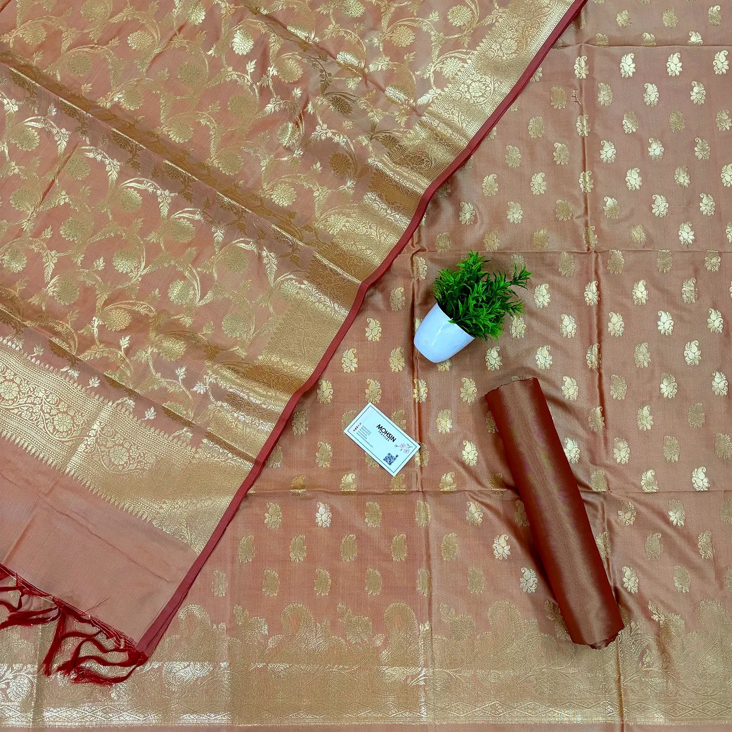 Light Peach Godzilla Satin Silk Banarasi Suit