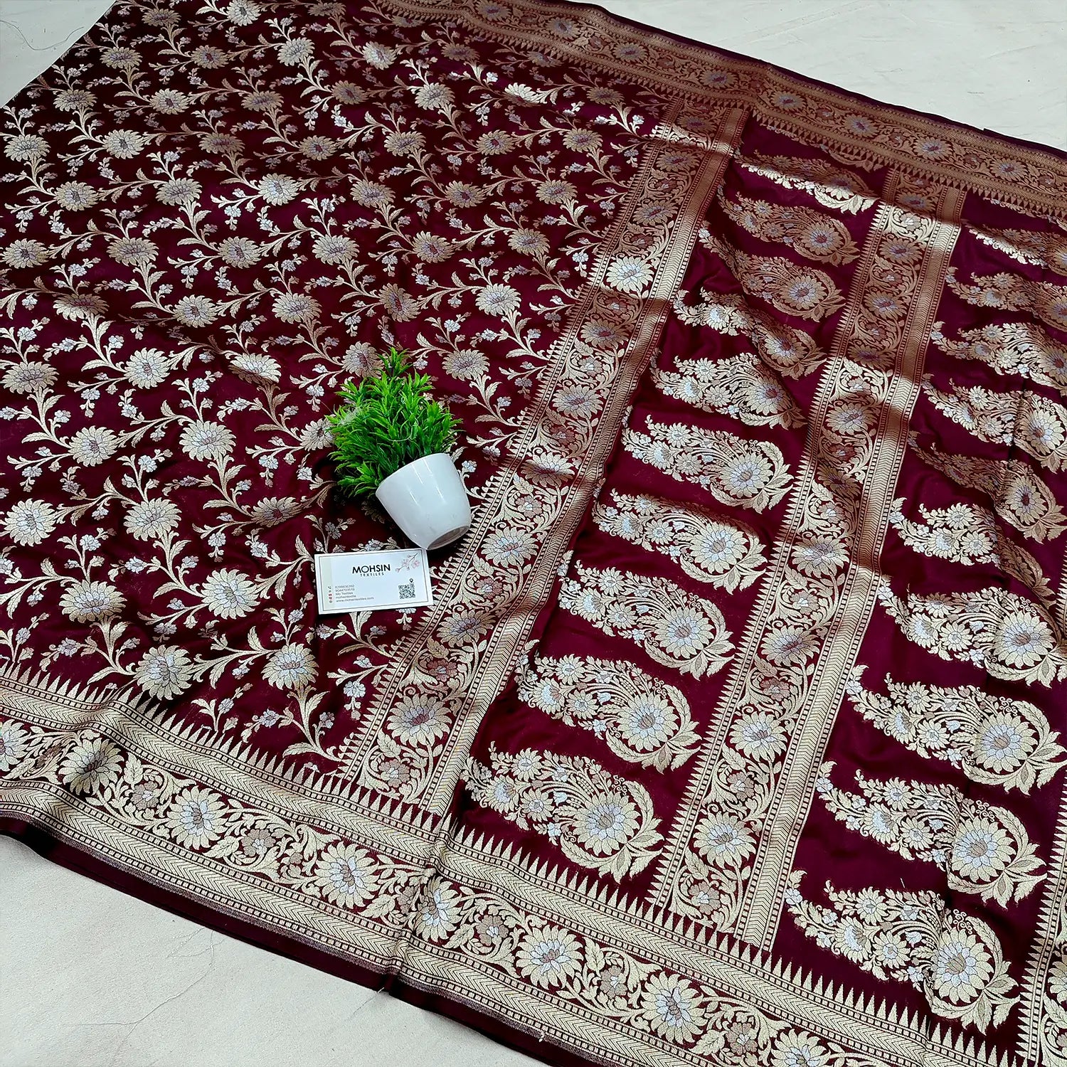 Maroon Ganga Jamuna Crepe Silk Banarasi Saree