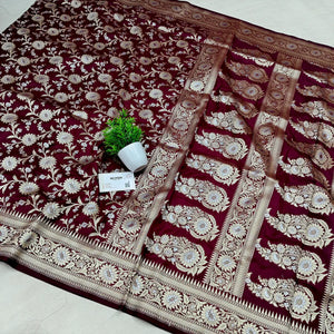 Maroon Ganga Jamuna Crepe Silk Banarasi Saree