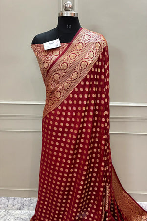 Maroon Golden Zari Chanderi Silk Banarasi Saree