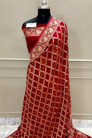 Maroon Golden Zari Georgette Silk Banarasi Saree