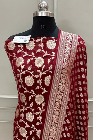 Maroon Golden Zari Pure Georgette Silk Banarasi Suit