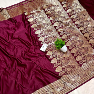 Maroon Plain Golden Zari Katan Silk Banarasi Saree