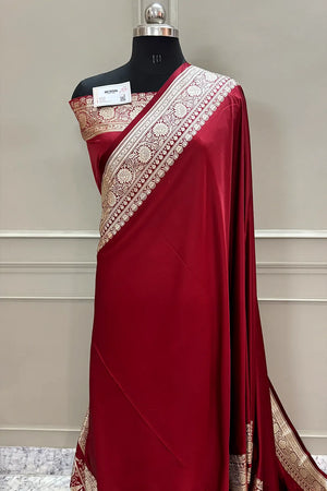 Maroon Plain Golden Zari Katan Silk Banarasi Saree