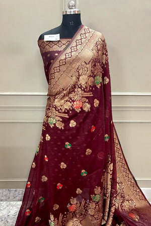 Maroon Resham Zari Banarasi Silk Saree