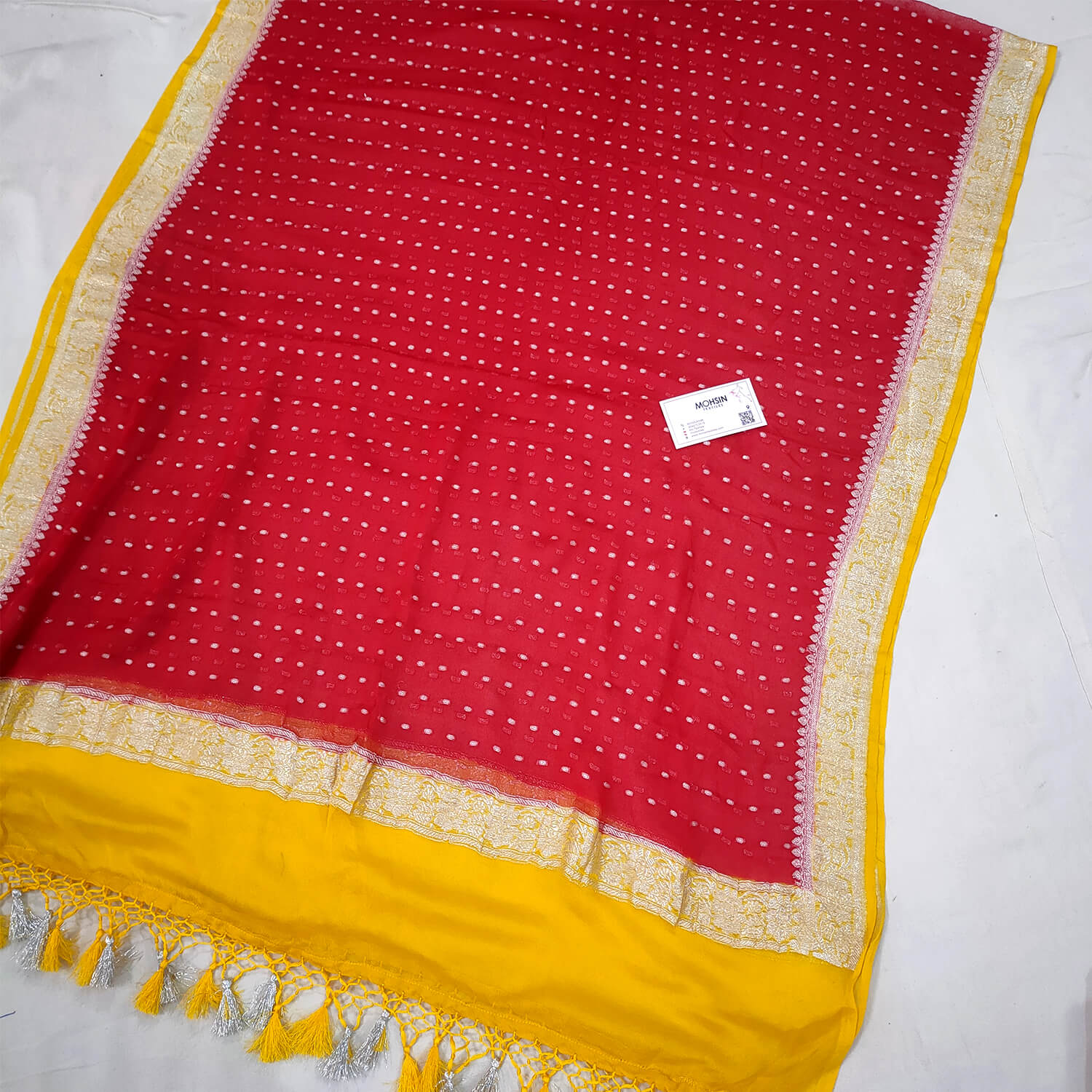 Maroon & Yellow Handloom Khaddi Georgette Banarasi Dupatta
