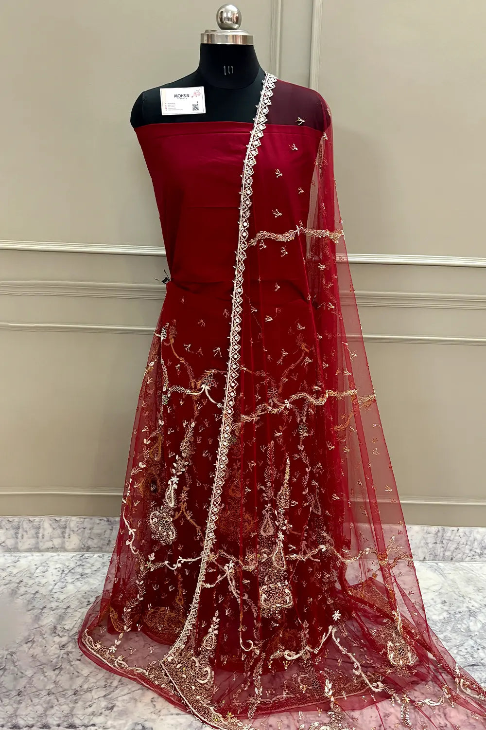 Maroon Zariwork Semi Stitched Net Lahenga