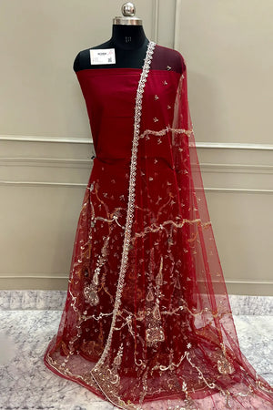 Maroon Zariwork Semi Stitched Net Lahenga