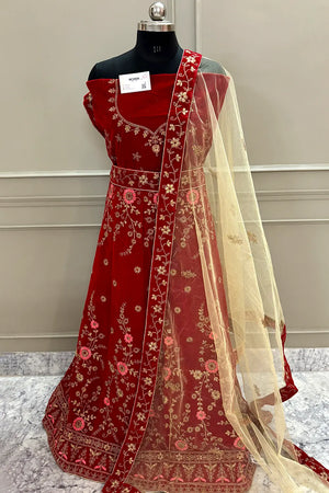 Maroon and Beige Zariwork Semi Stitched Velvet Lahenga