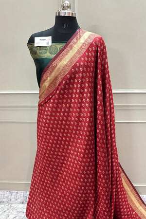 Maroon and Bottle Green Resham Zari Silky Banarasi Saree