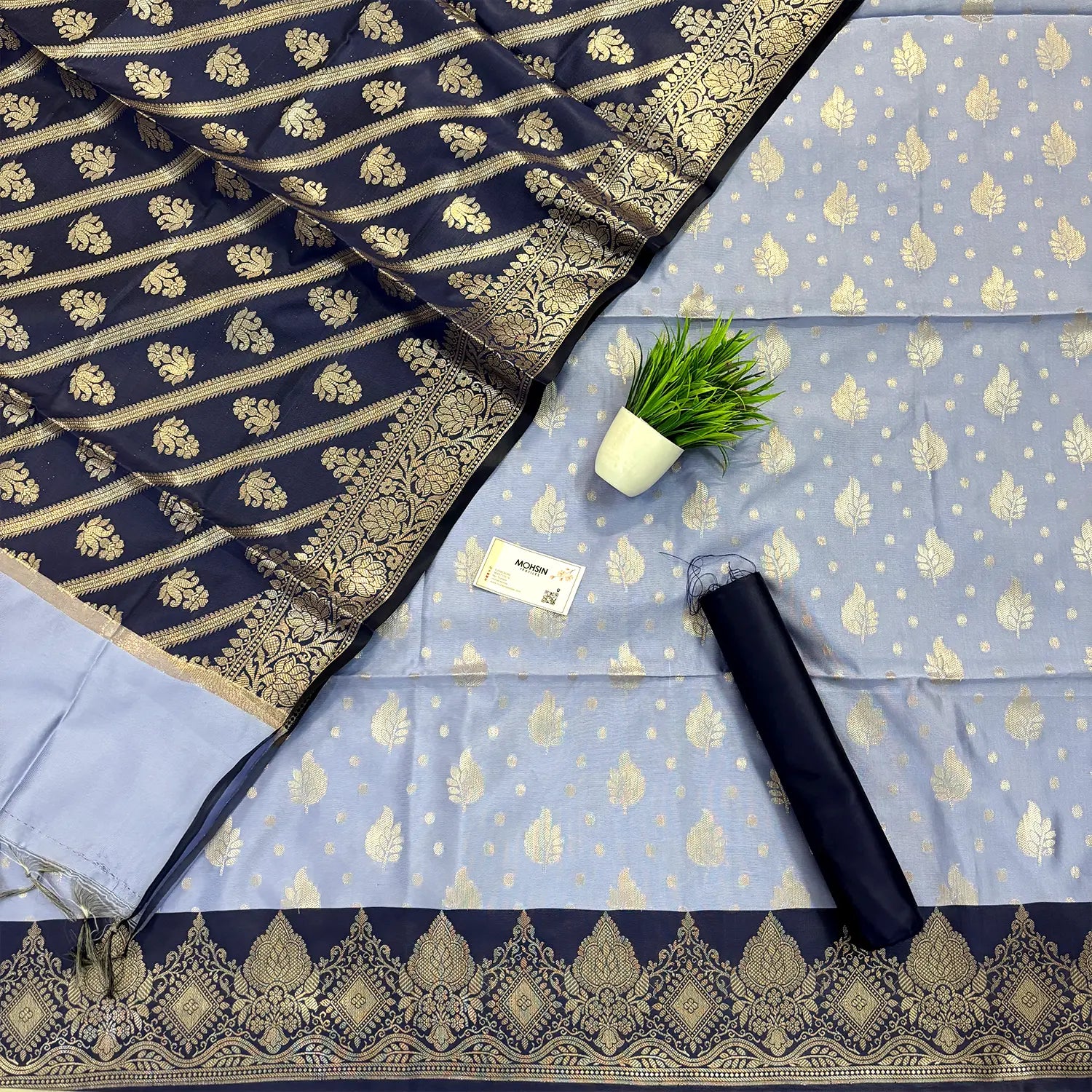 Mauve and Navy Blue Pankh Buti Satin Silk Banarasi Suit