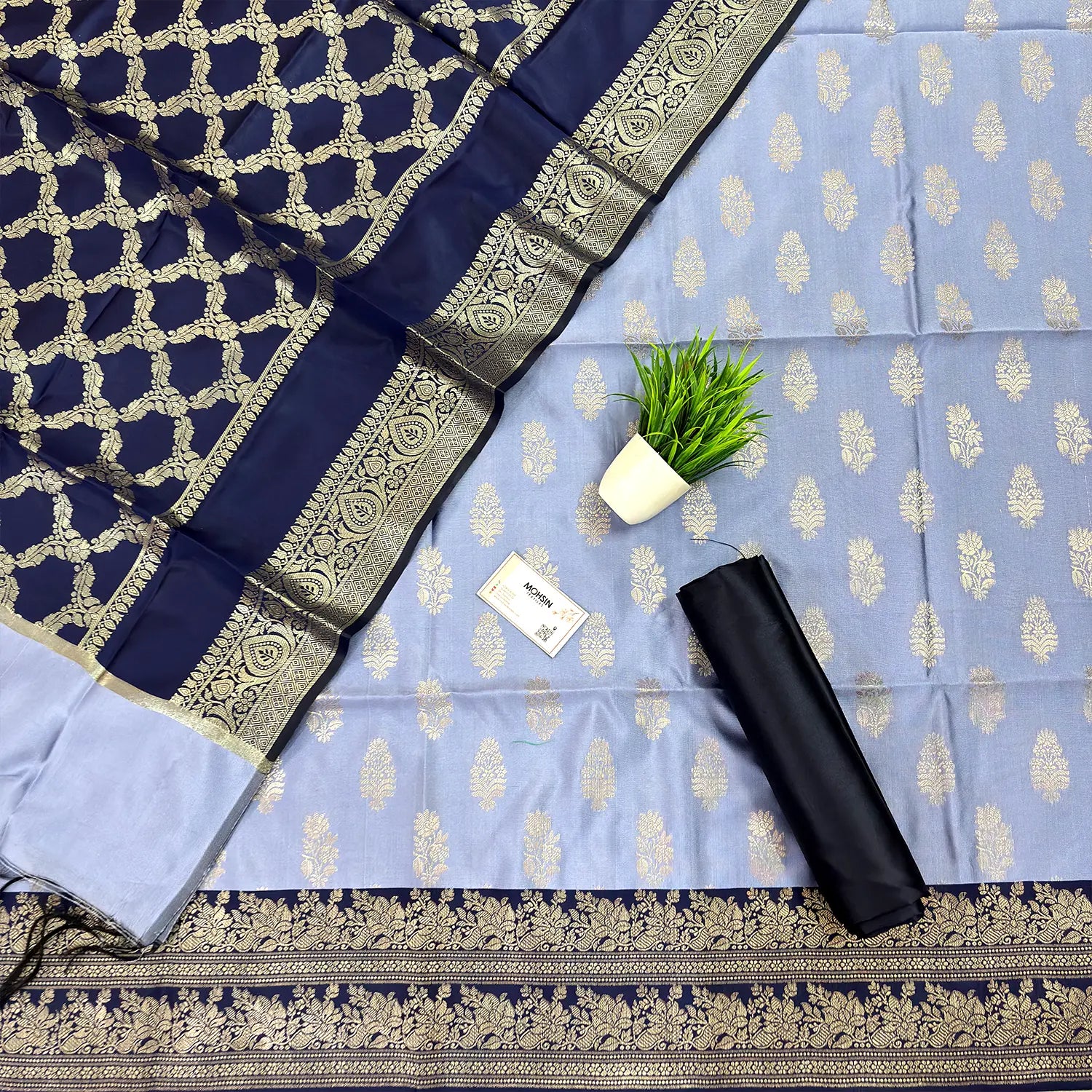 Mauve and Navy Blue Phooldaan Buti Satin Silk Banarasi Suit