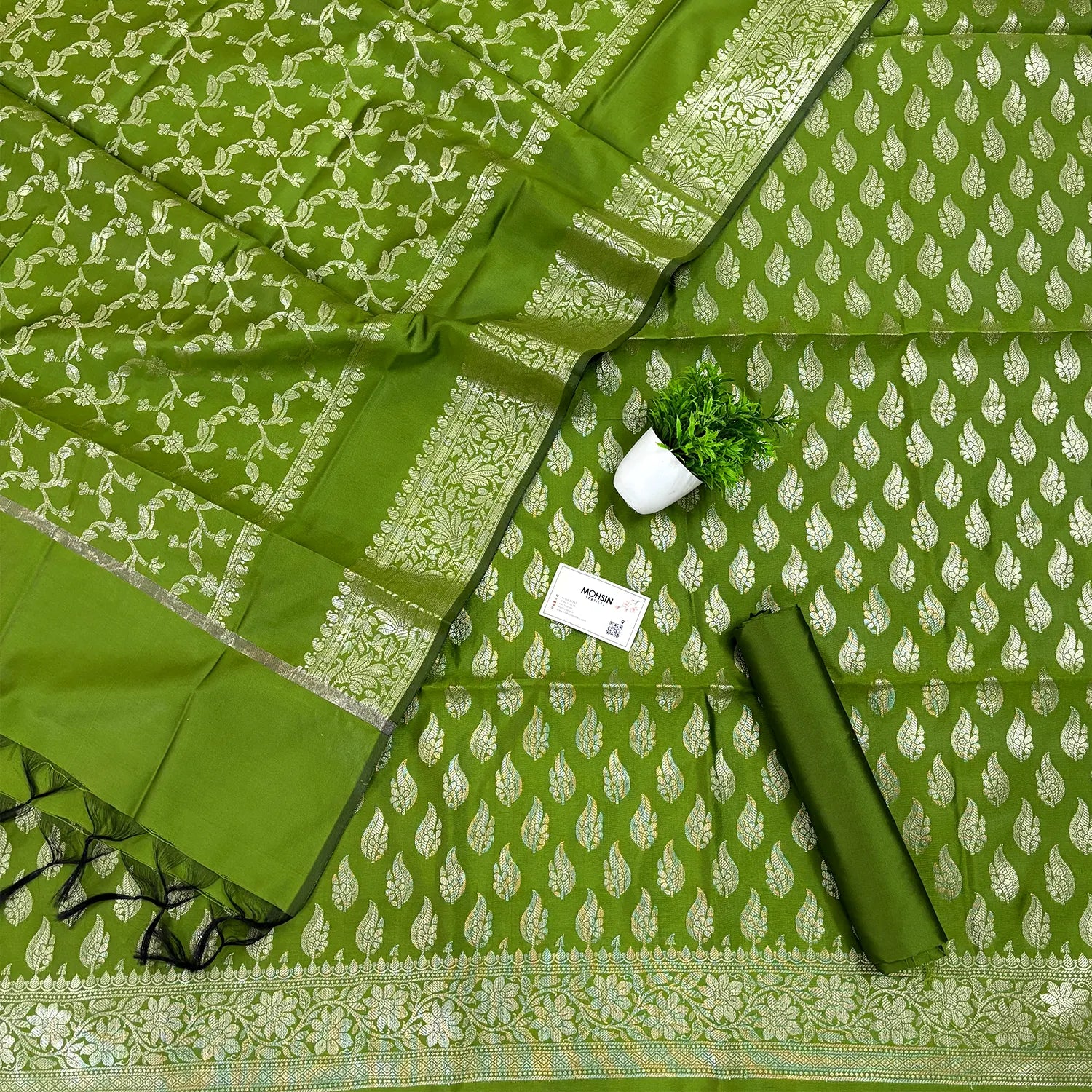 Mehendi Agnipath Buti Satin Silk Banarasi Suit