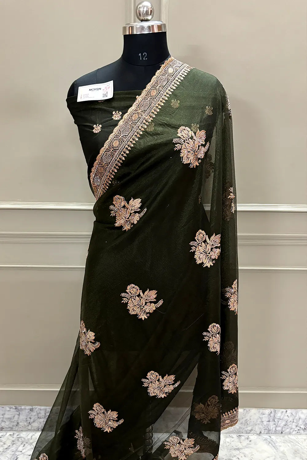 Mehendi Embordiery Siroski Work Silk Saree