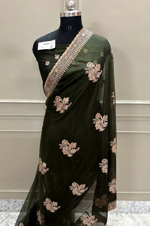 Mehendi Embordiery Siroski Work Silk Saree