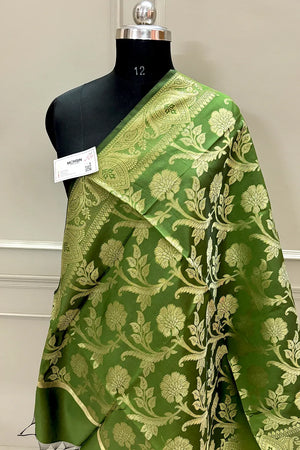 Mehendi Golden Zari Satin Silk Banarasi Dupatta