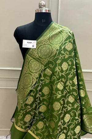 Mehendi Golden Zari Satin Silk Banarasi Dupatta