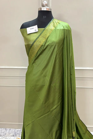 Mehendi Plain Golden Zari Silky Banarasi Saree
