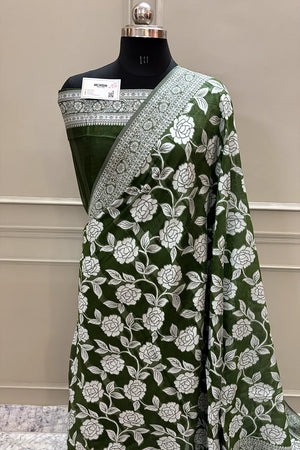 Mehendi Resham Zari Cotton Silk Banarasi Saree