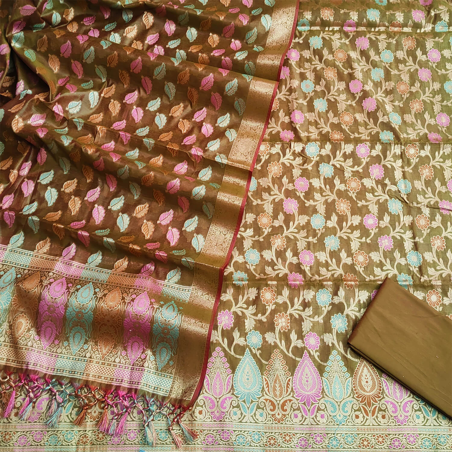 Mehendi Tilfi Meenakari Satin Silk Banarasi Suit