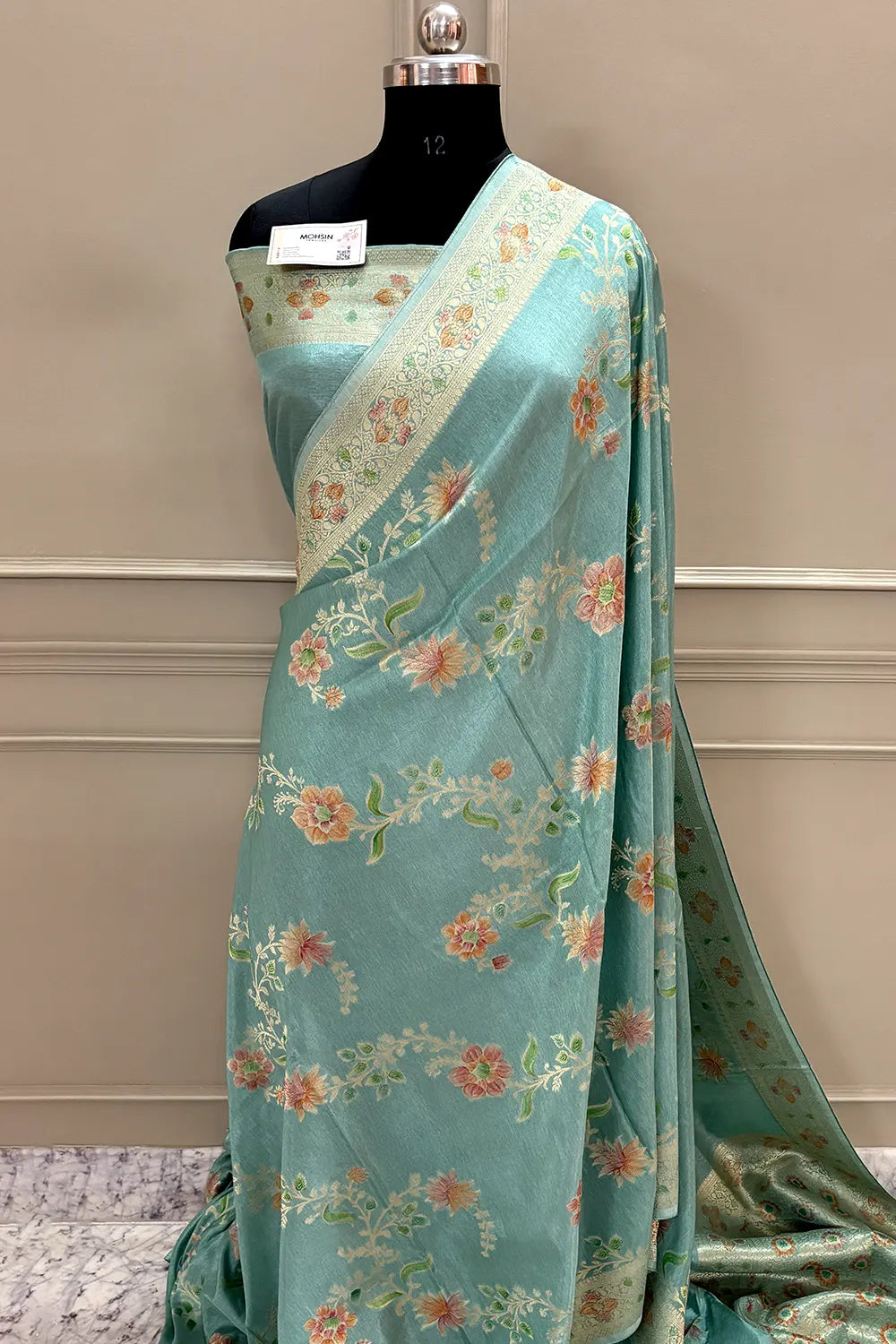 Mint Green Shakahari Jaal Georgette Silk Banarasi Saree